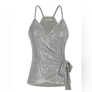 New XL Sequin Silver Tank V Neck Tie Waist Top Party Club Shirt